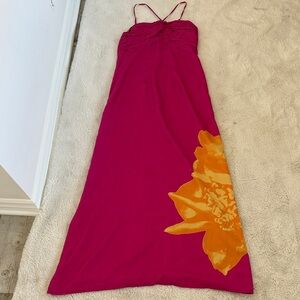 Express Y2K 90' 100% Silk Pink Maxi Dress w/ flower detail